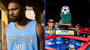 À esquerda, o rapper MV Bill de regata azul no Rio; à direita, campeãs seguram o troféu da Taça das Favelas, com a bola no topo