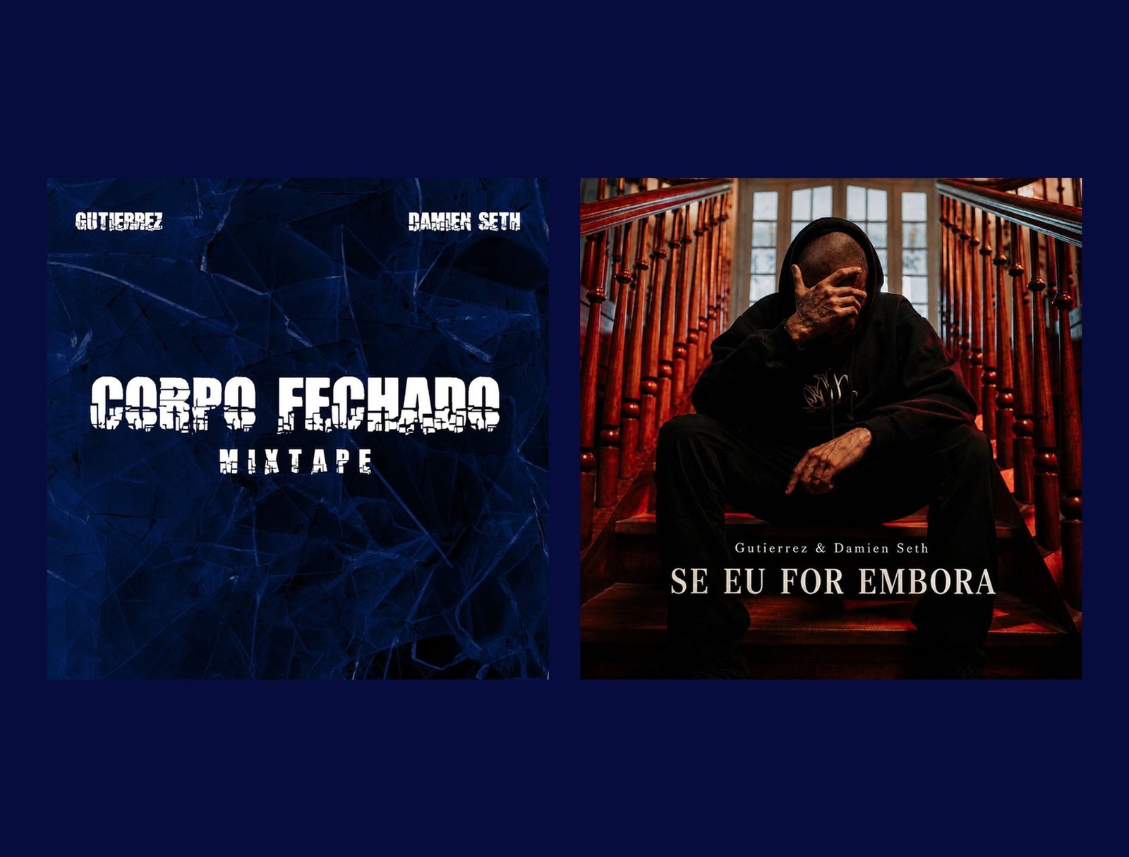 Capas da mixtape Corpo Fechado e do single Se Eu For Embora lado a lado, ambas assinadas por Gutierrez e Damien Seth