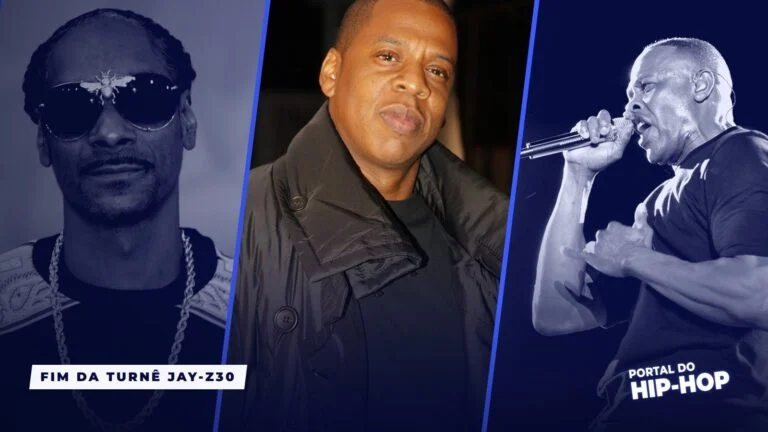 Capa com retratos de Snoop Dogg, Jay-Z e Dr. Dre e a frase Fim da turnê JAY-Z30