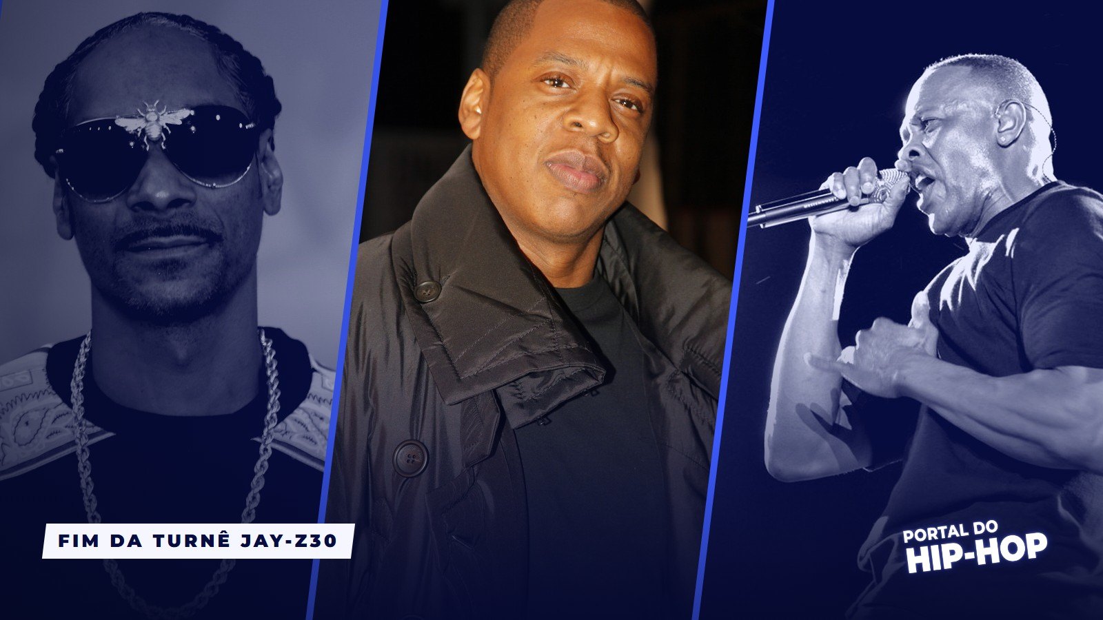 Capa com retratos de Snoop Dogg, Jay-Z e Dr. Dre e a frase Fim da turnê JAY-Z30